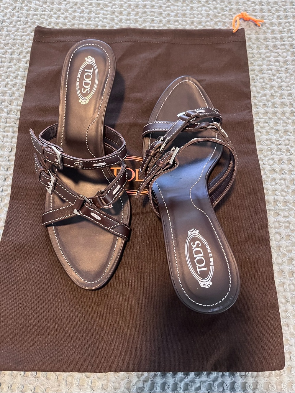 TOD'S Dark Brown Leather Buckle-Strap Slide Sandals